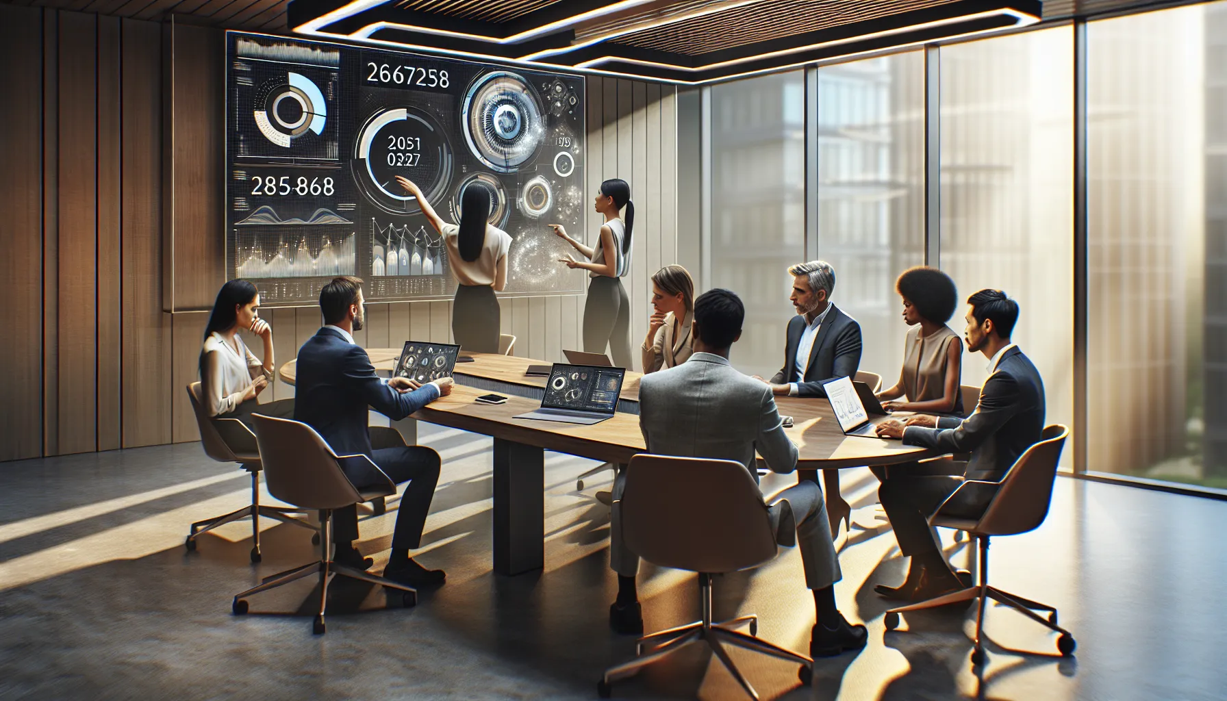 diverse professionals discussing data analytics in a modern office