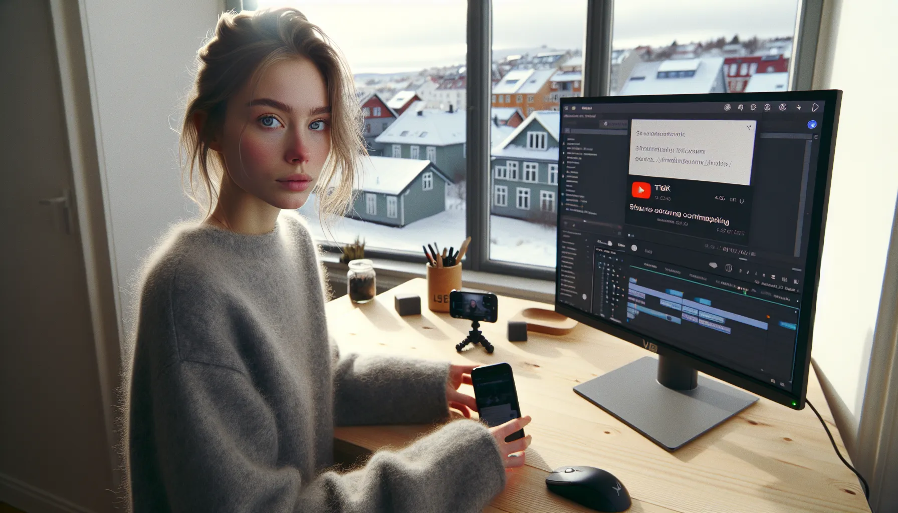 Norwegian creator weighing sharing versus copying social videos on dual screens.