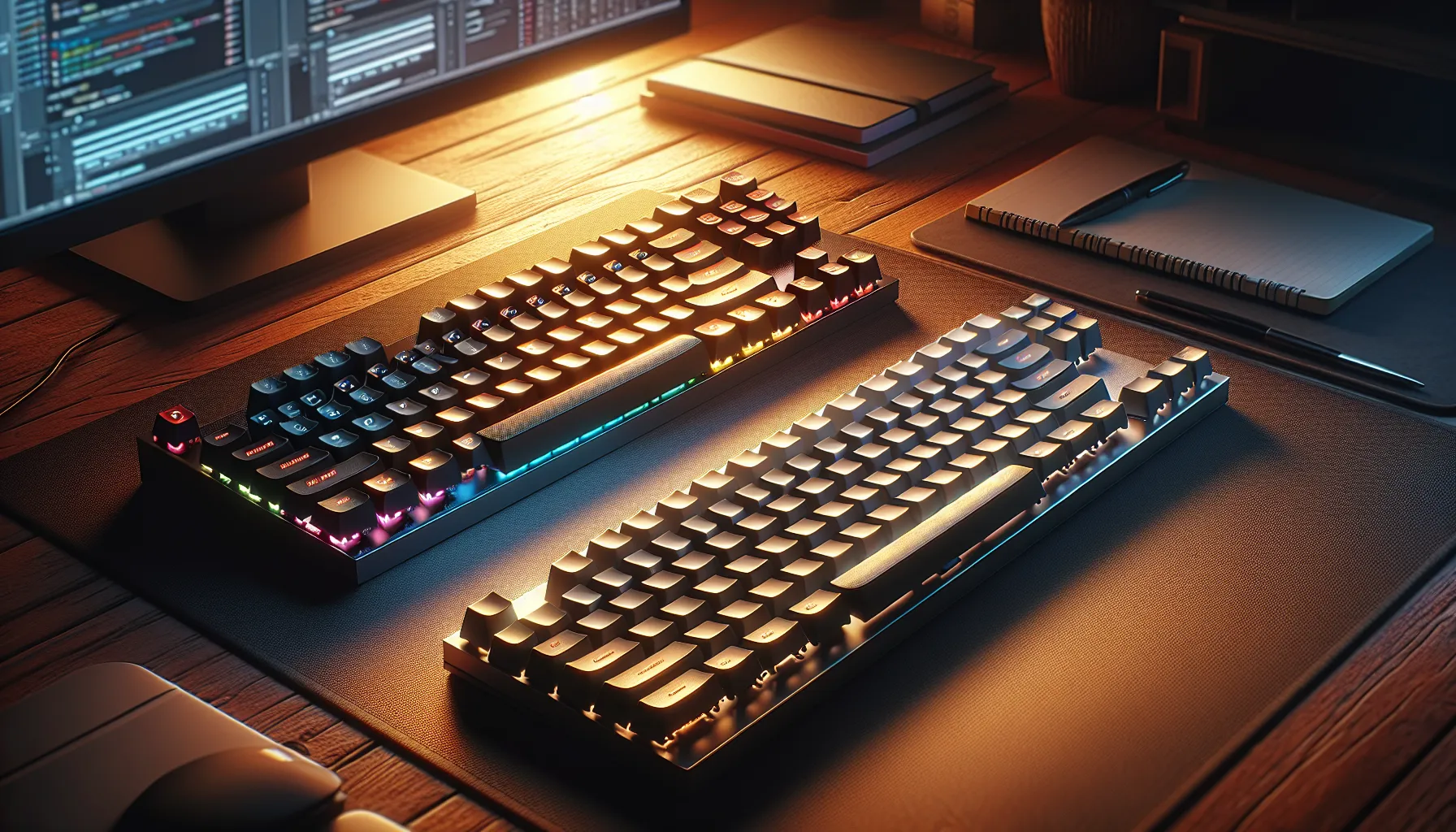 Comparison of mechanical and membrane keyboards on a wooden desk.