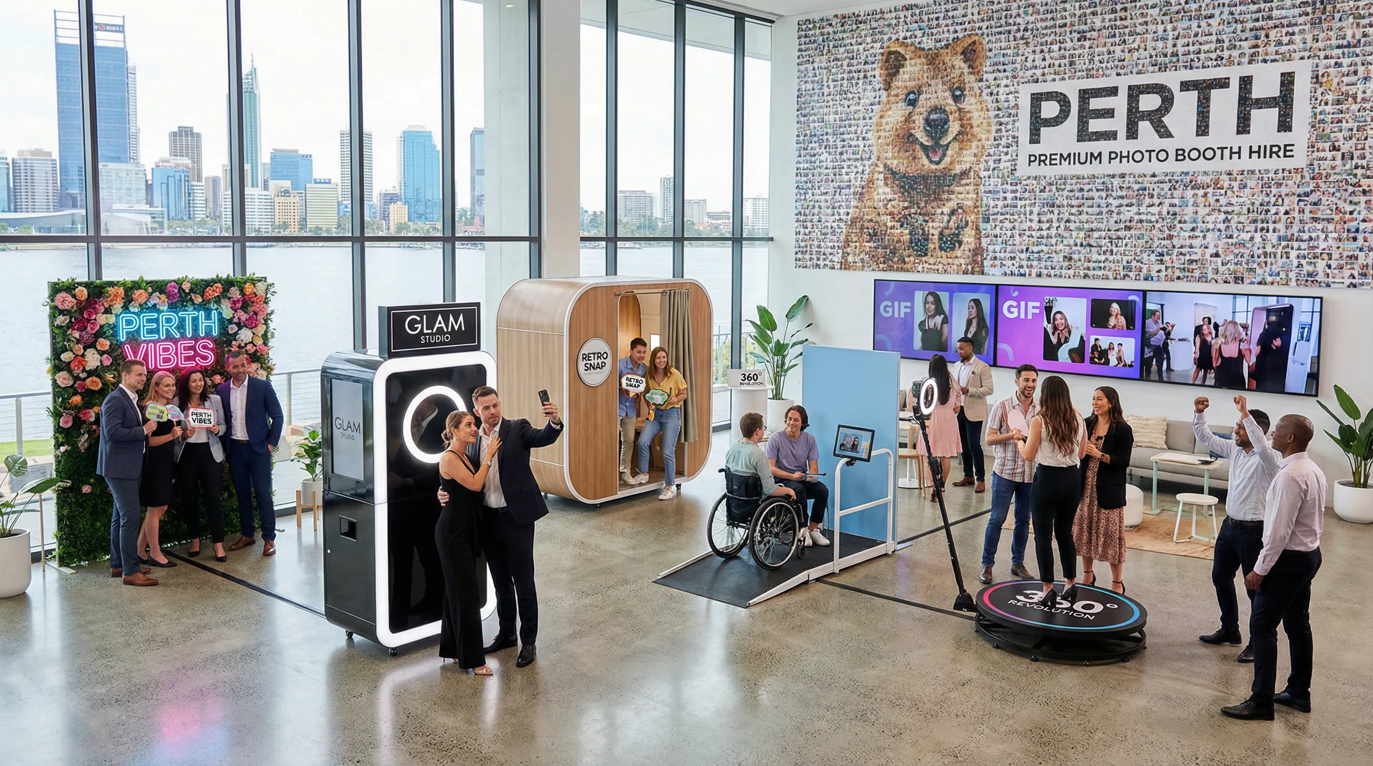 Modern event space with various photo booth types and diverse guests engaging.