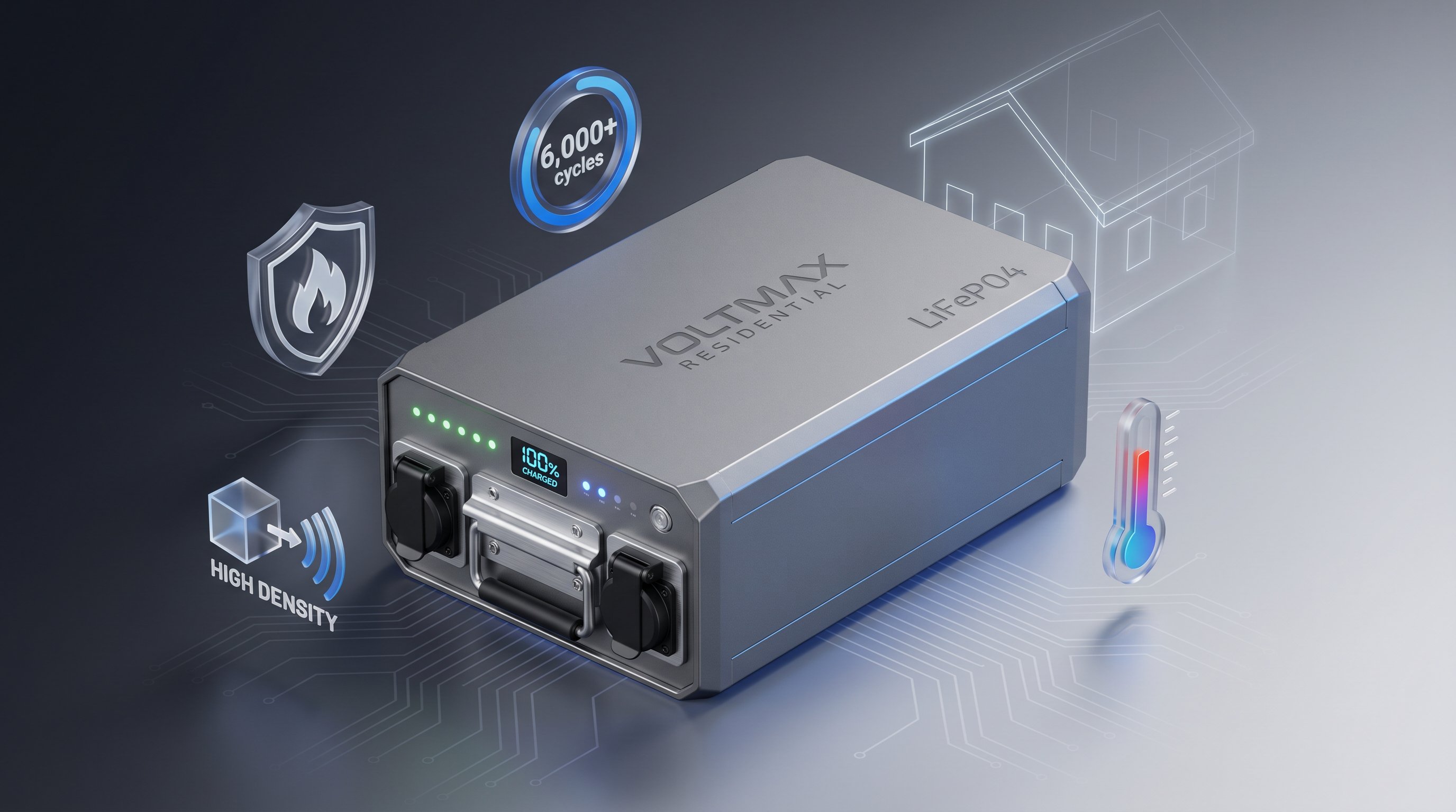 3D render of LiFePO4 battery module with safety and performance icons for home energy storage.