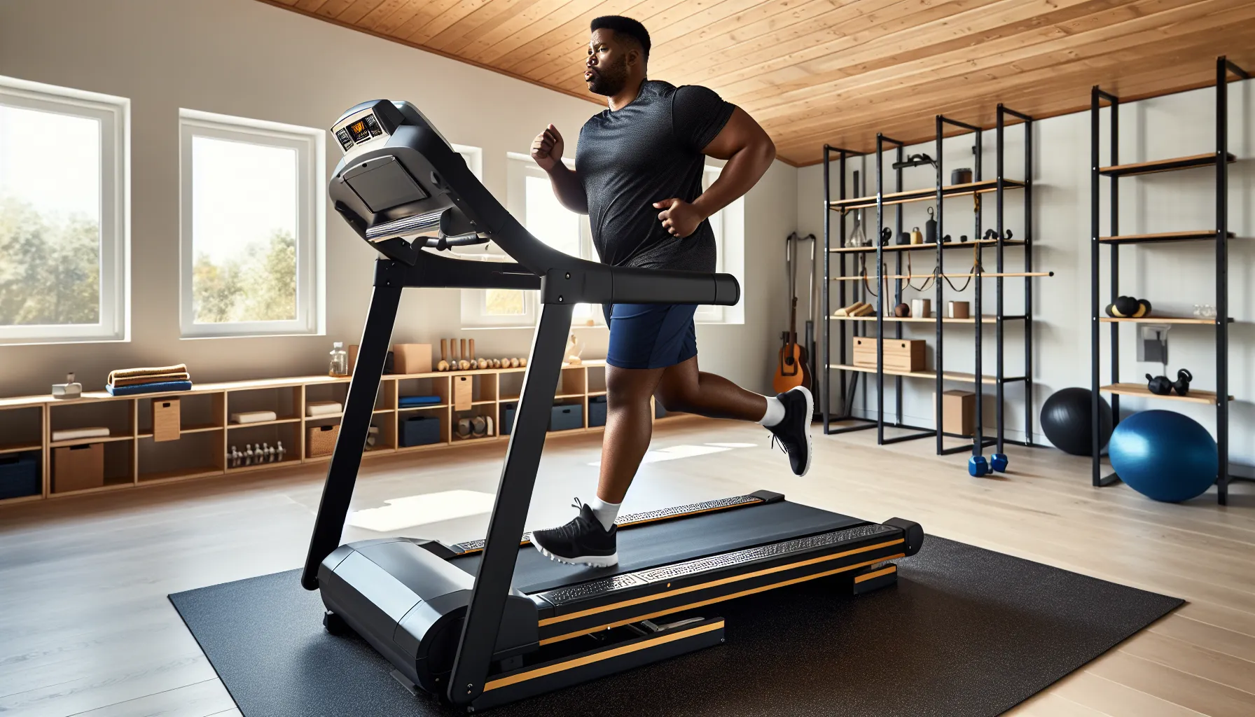 Plus-size man walking on a wide, sturdy incline treadmill in a home gym.