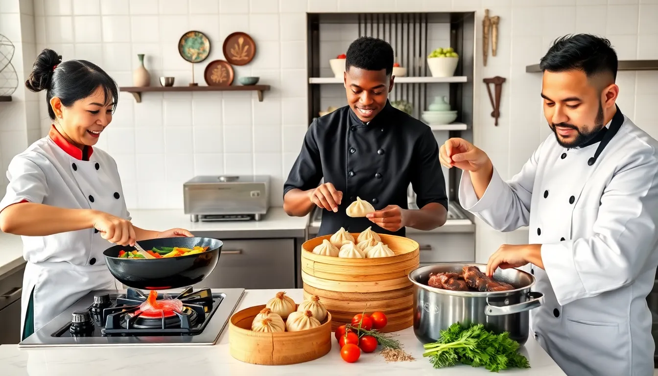 chefs demonstrating various Chinese cooking techniques in a modern kitchen.