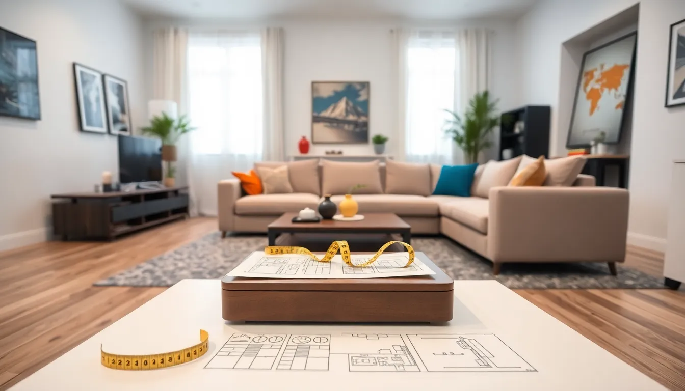 modern living room with stylish furniture and careful planning tools.