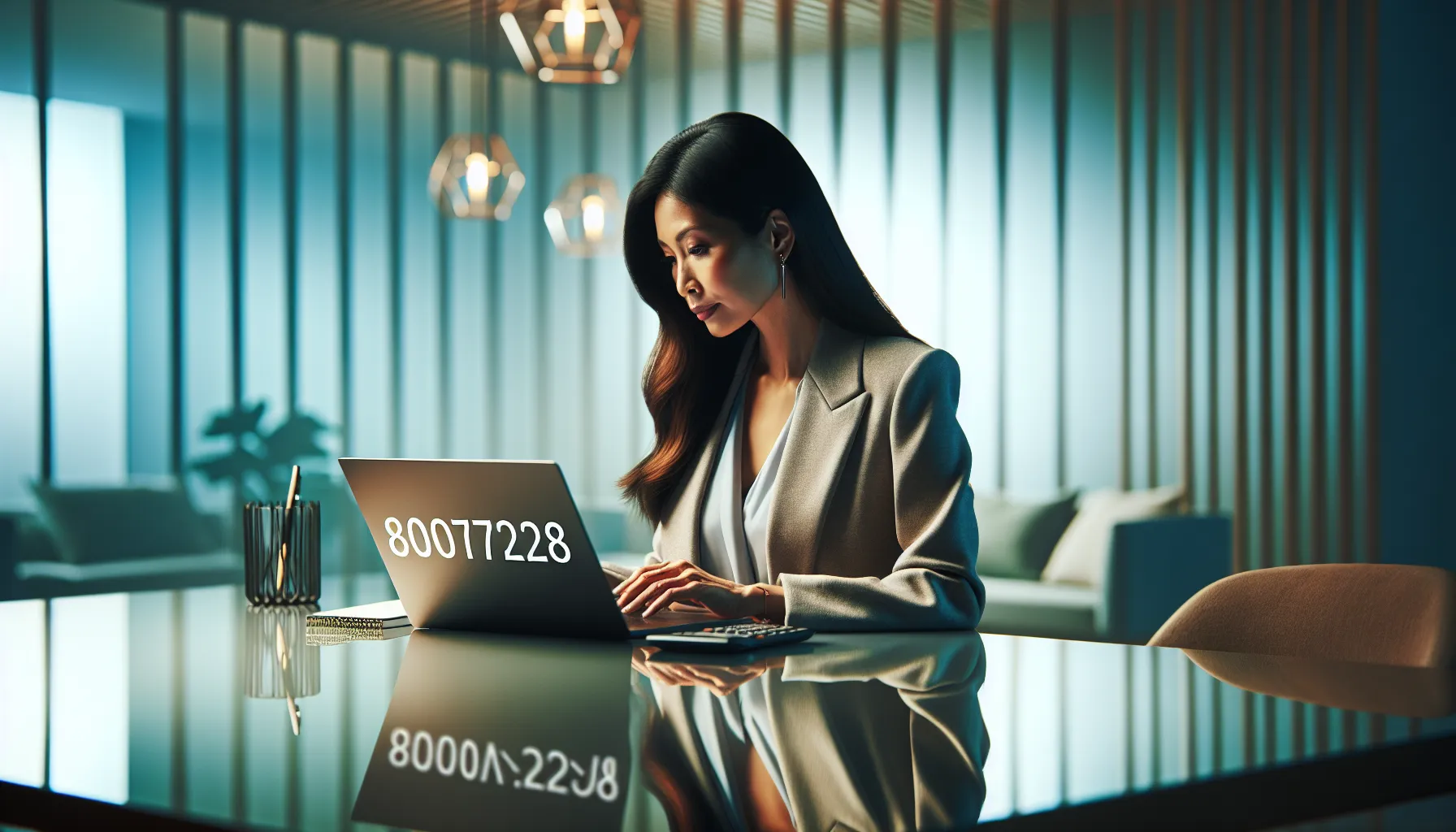 woman researching phone number in a modern office setting.