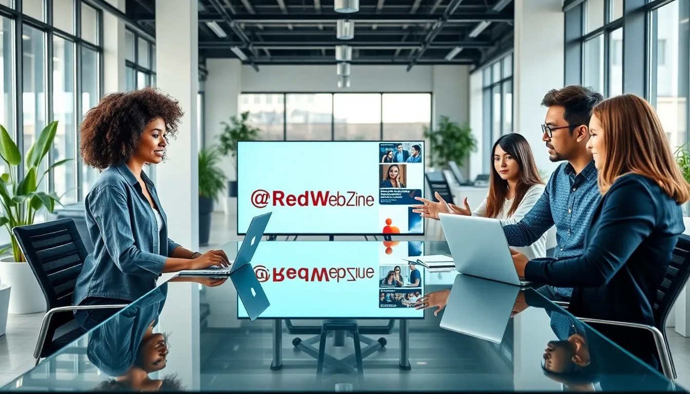 diverse team collaborating in a modern office for @RedWebZine.org.