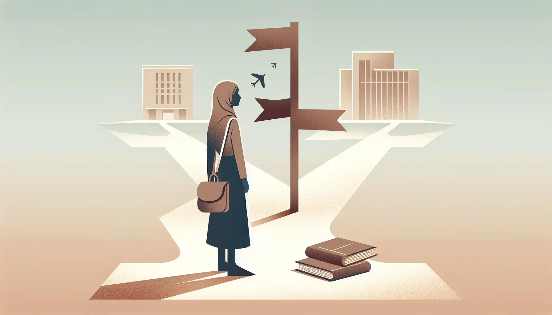 Young person's silhouette at crossroads with book and institutional building in background