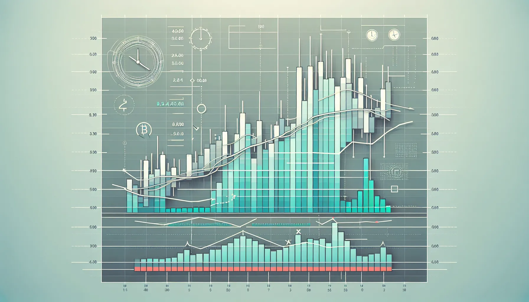Infographic showing crypto chart axes, timeframes, and volume bars with correlation highlights.