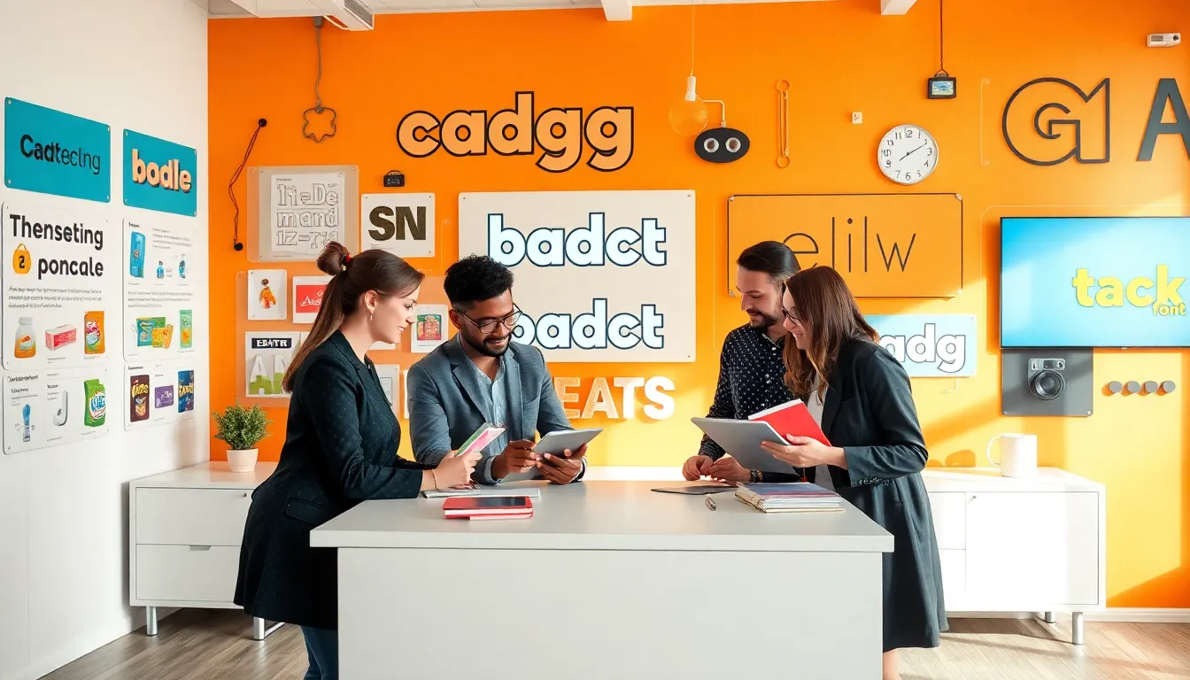 professionals discussing design samples showcasing Gadget Font.
