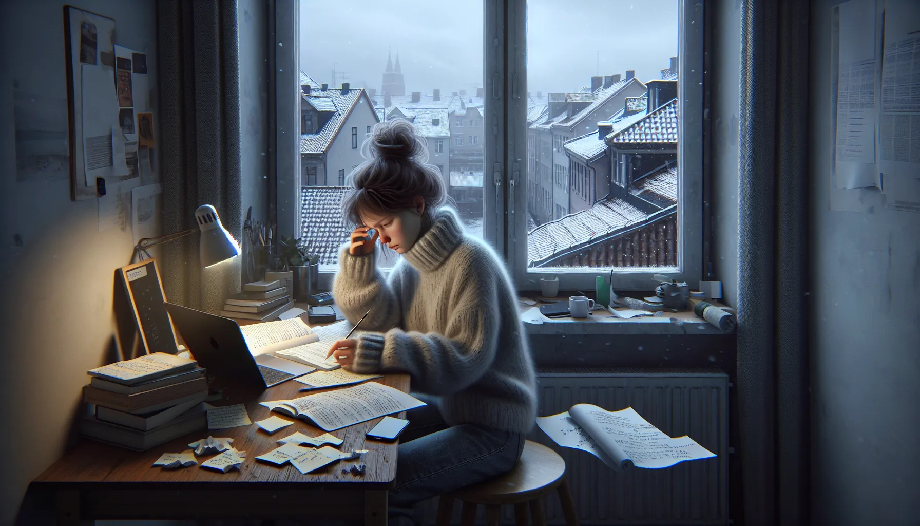 Norwegian student at desk looking anxious beside study plan and exam notes.