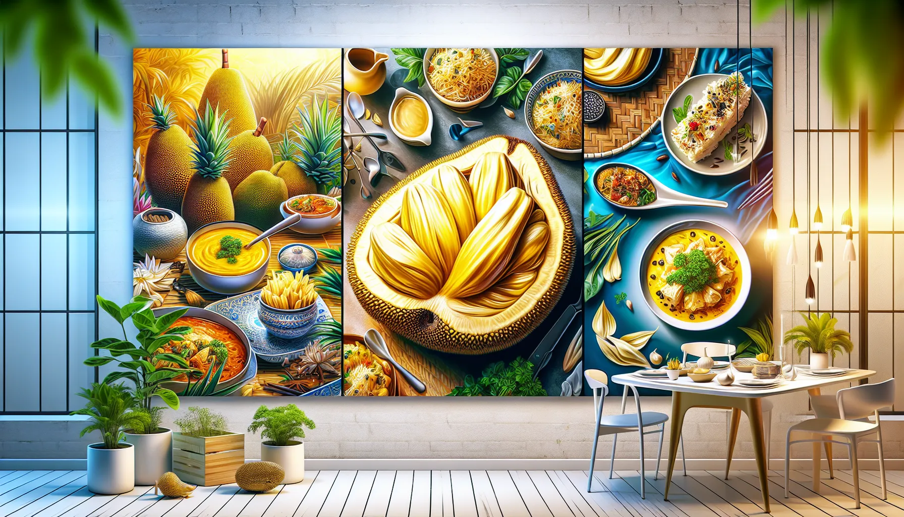 jackfruit dishes from various cultures on a modern kitchen table.