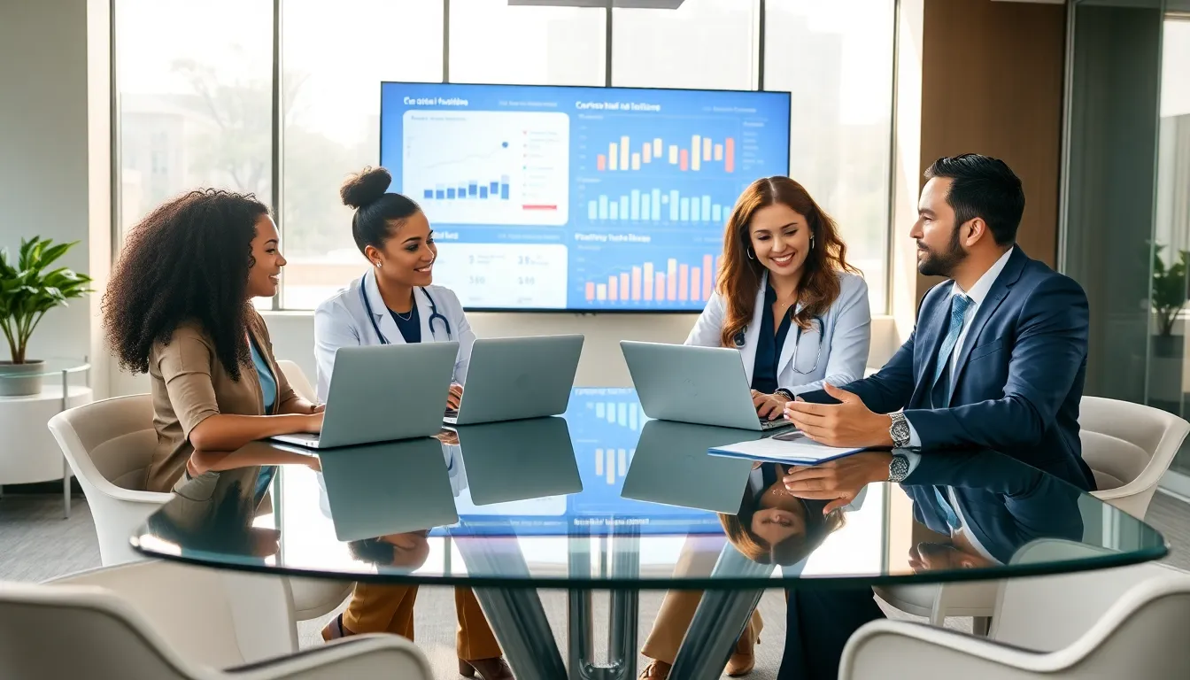diverse healthcare team discussing Corizon Health's services in a modern office.