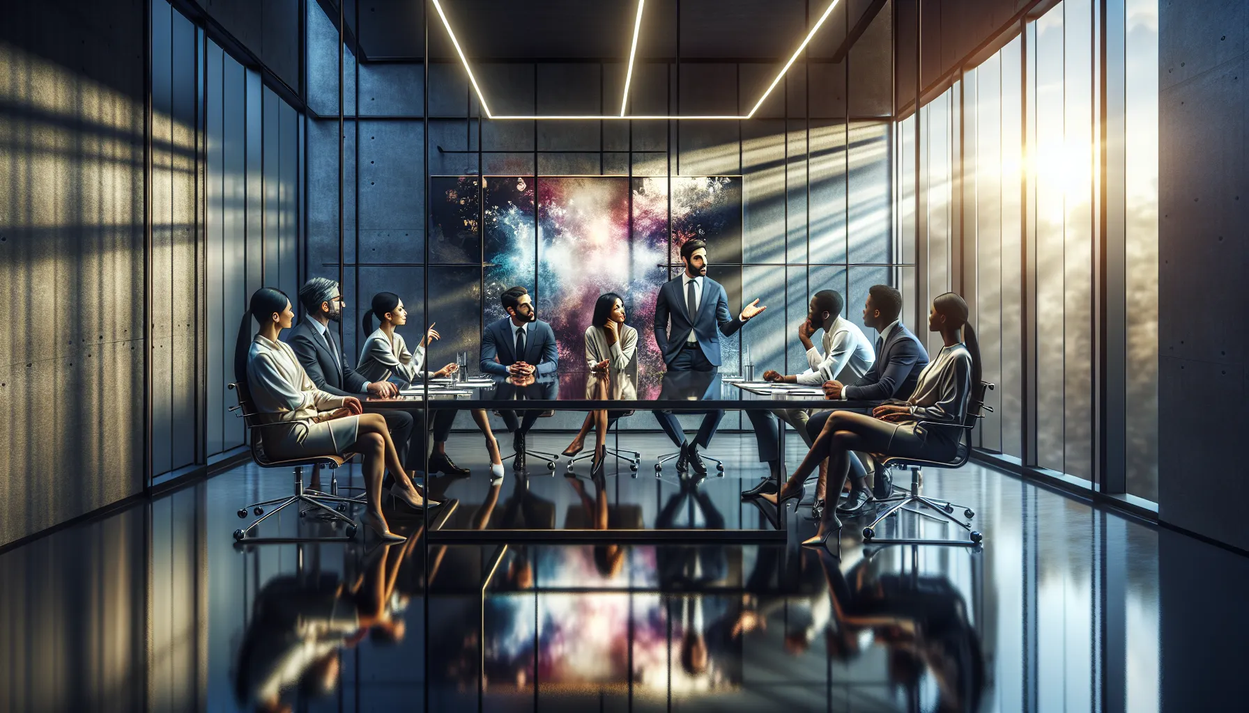 diverse team discussing the concept of скуещ in a modern office.