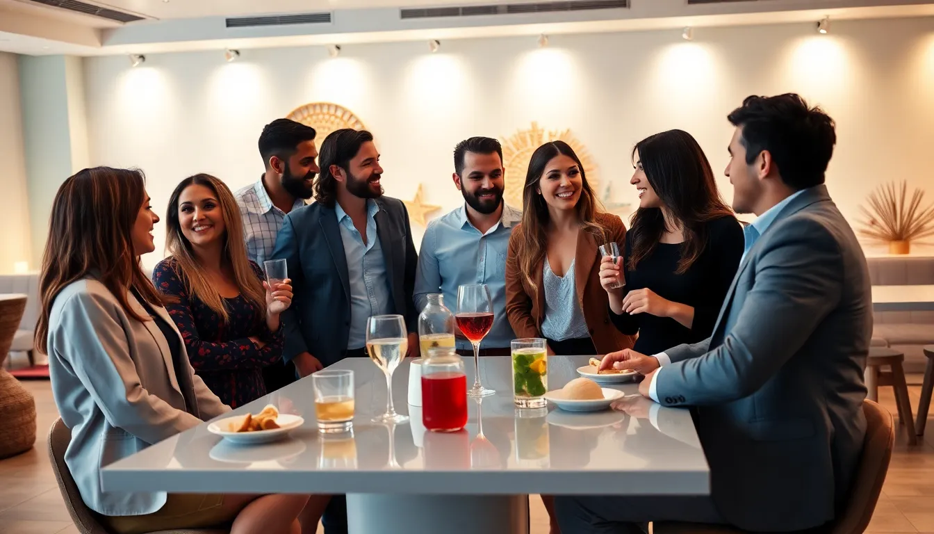 diverse adults socializing in a modern, inviting setting.