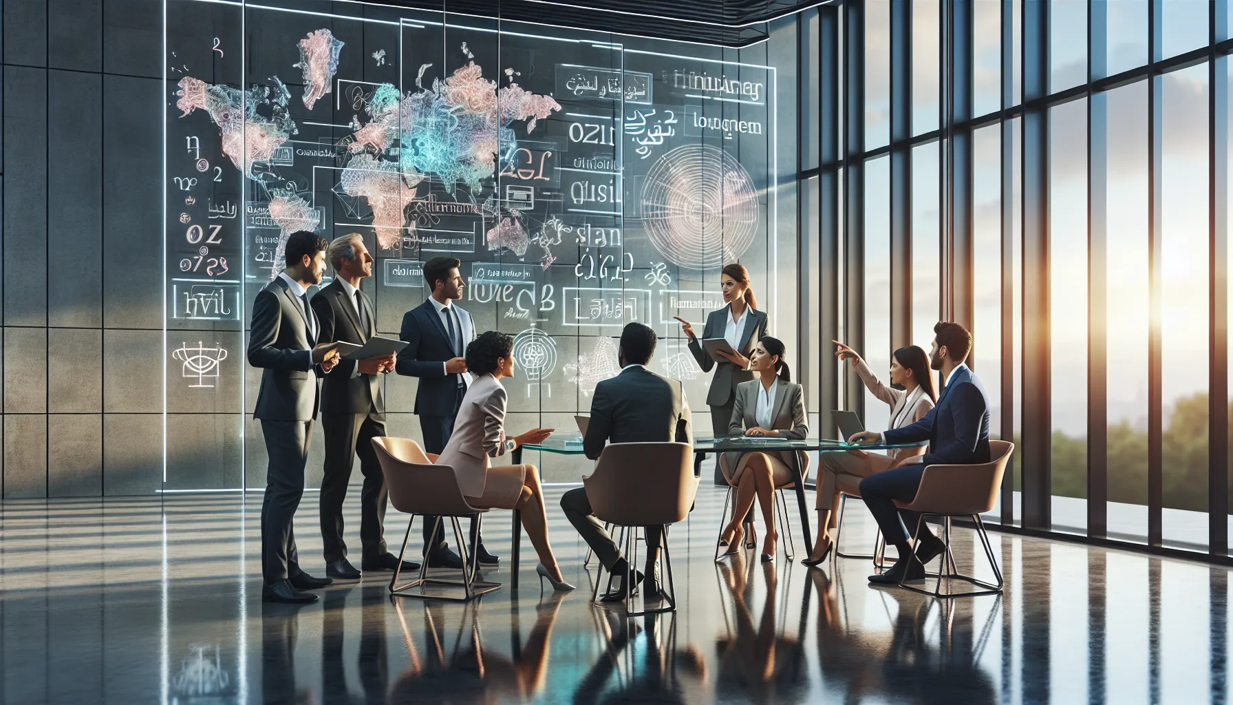 diverse team collaborating on linguistic exploration in a modern office.