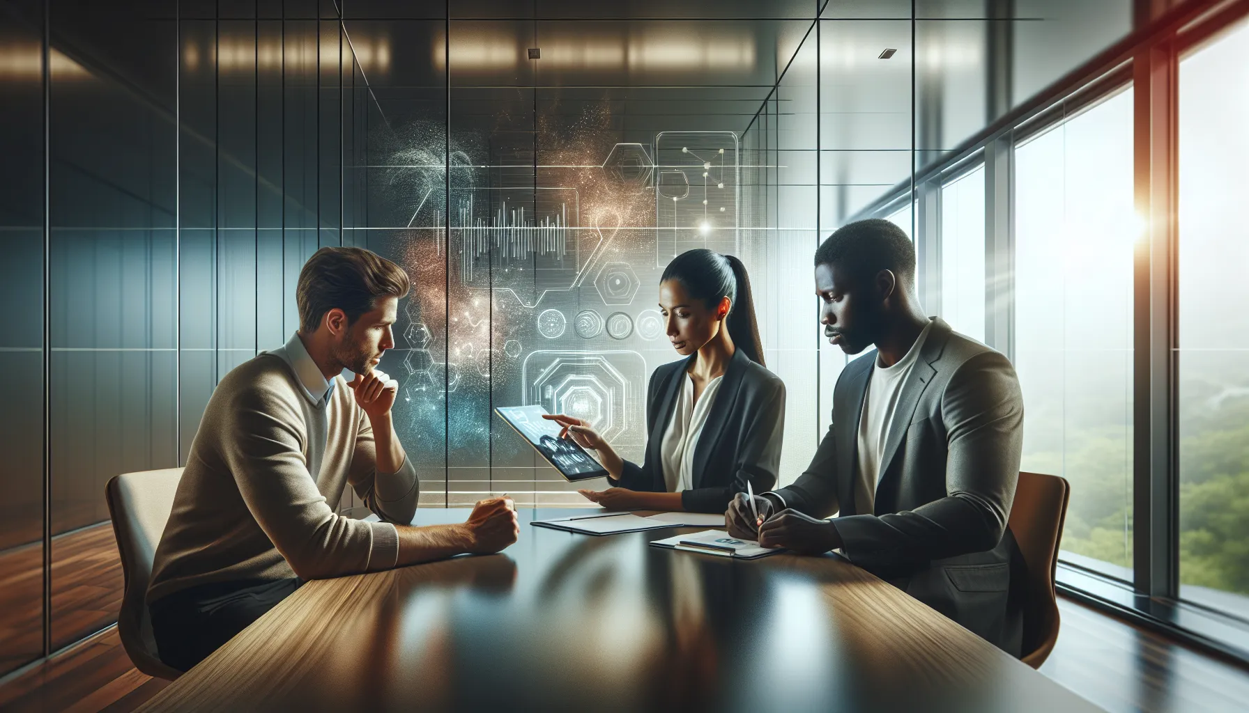 professionals discussing technology-related numbers in a modern office.