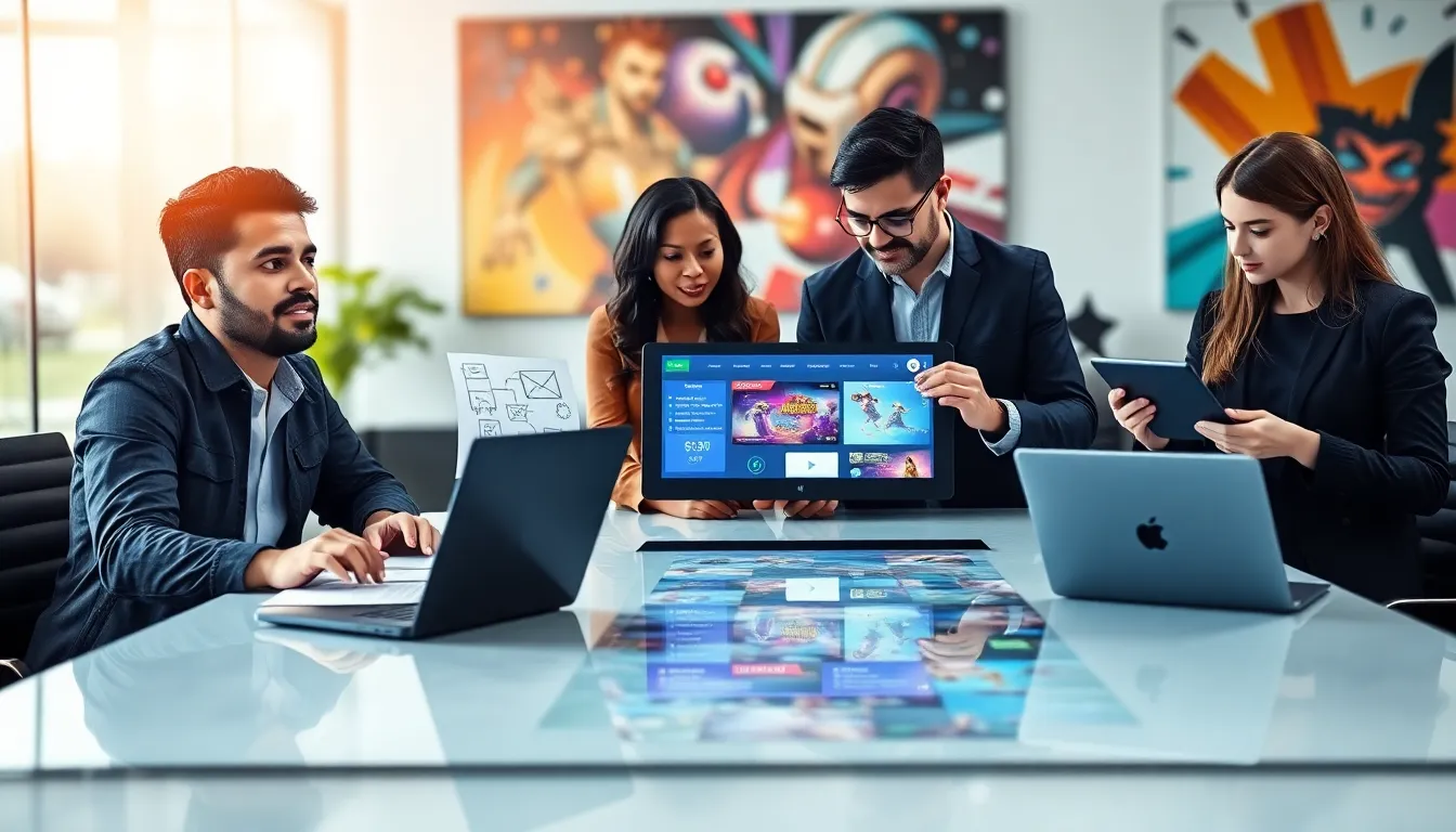 diverse team discussing gaming and email management in a modern office.