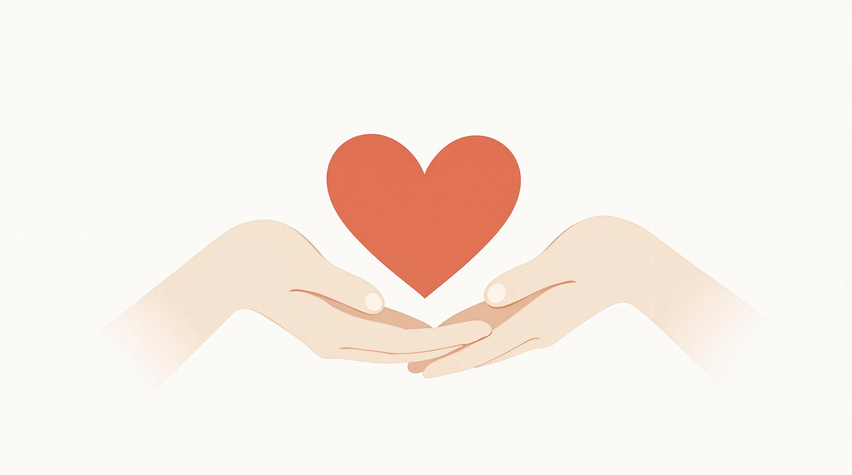 two simple hands gently holding a red heart on a white background