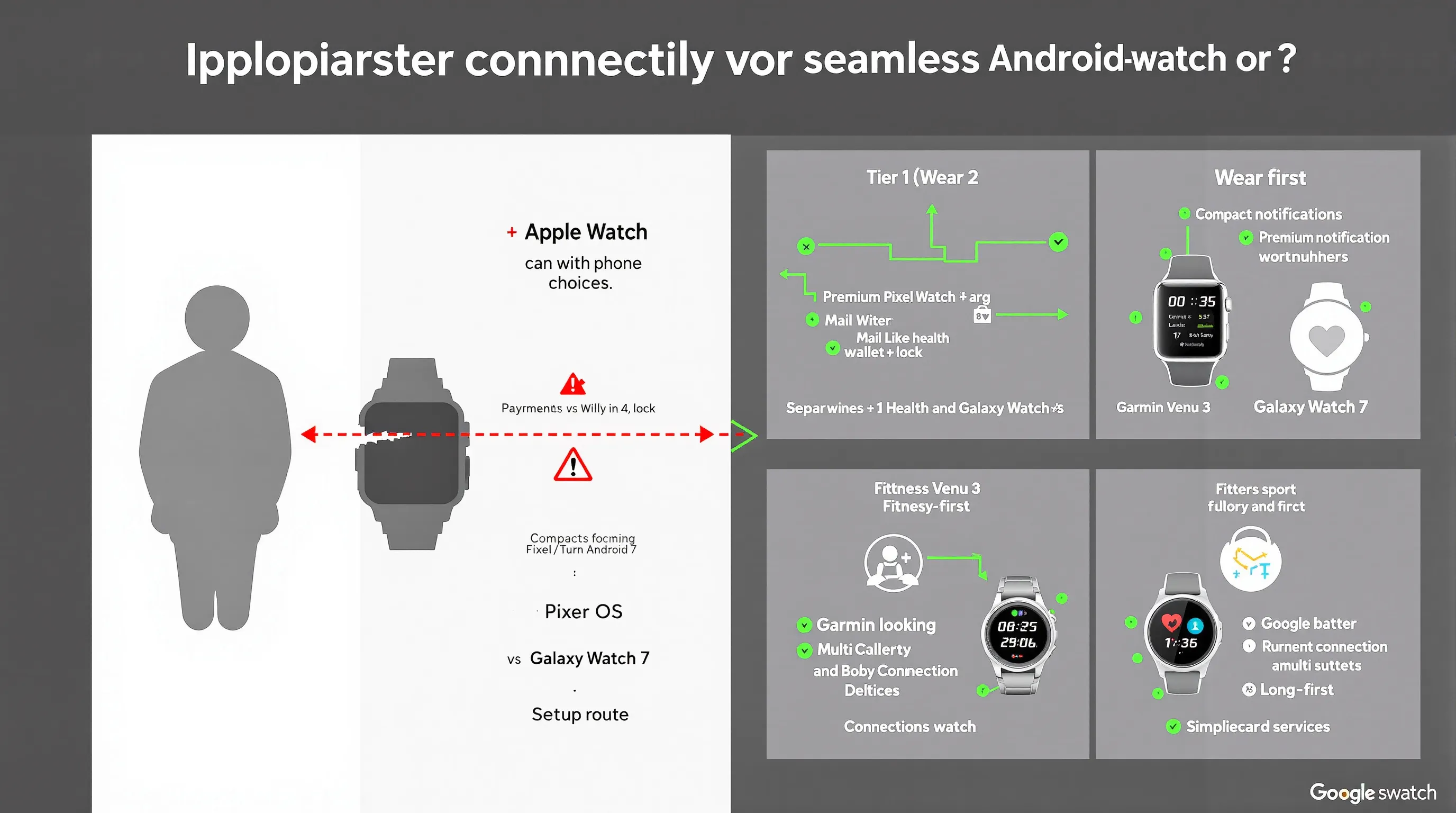 Infographic comparing Apple Watch hurdles with Android-friendly smartwatch alternatives.