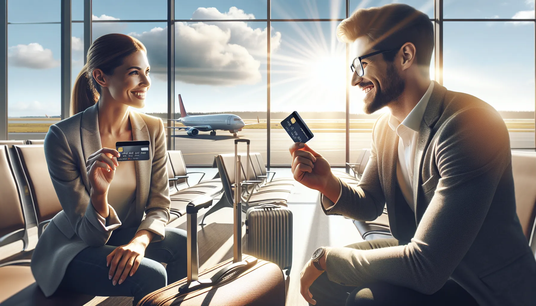Two travelers at an airport holding Visa and MasterCard cards, with planes outside.