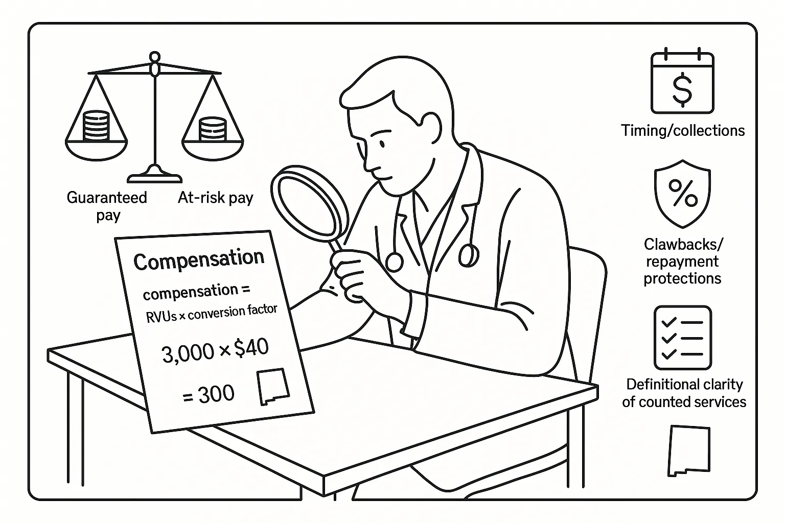 Physician assistant reviewing a compensation contract with RVU formula and scale.