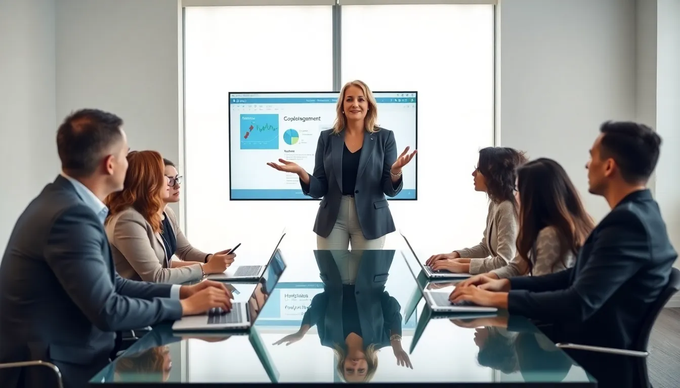 Stacy Klinger leading a discussion in a modern office setting.