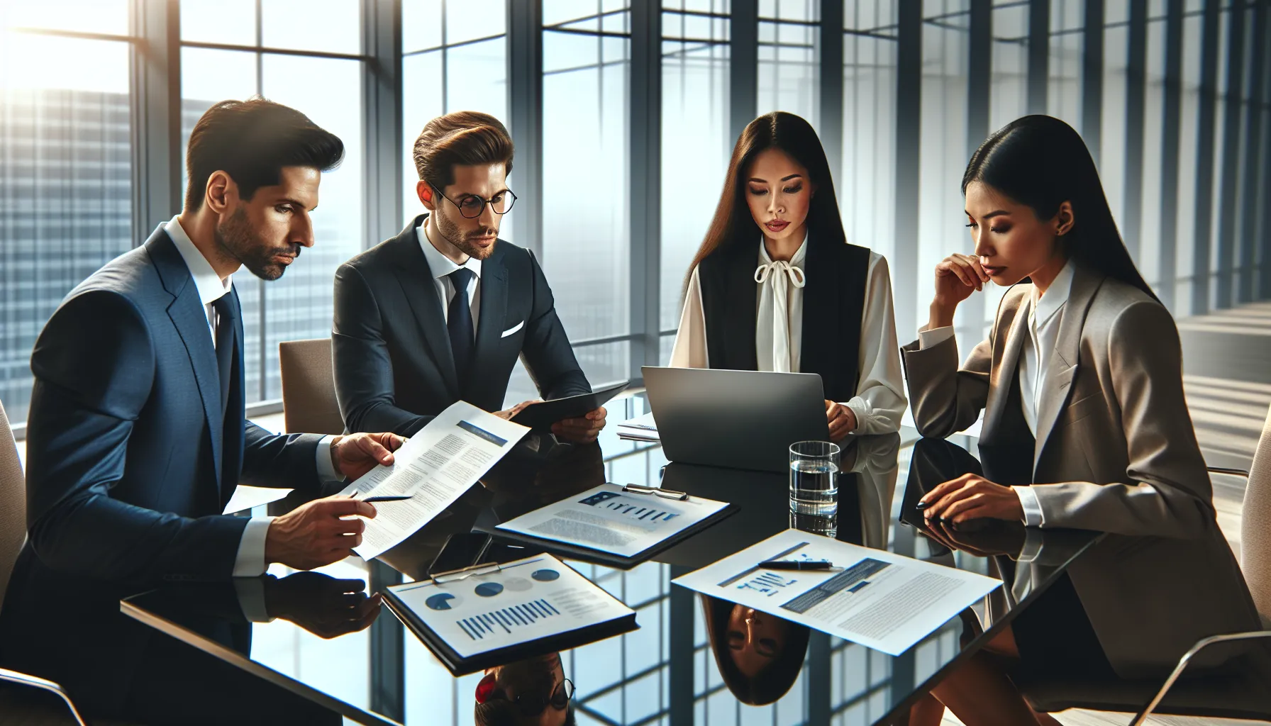 diverse professionals discussing privacy and legal concerns in a modern office.