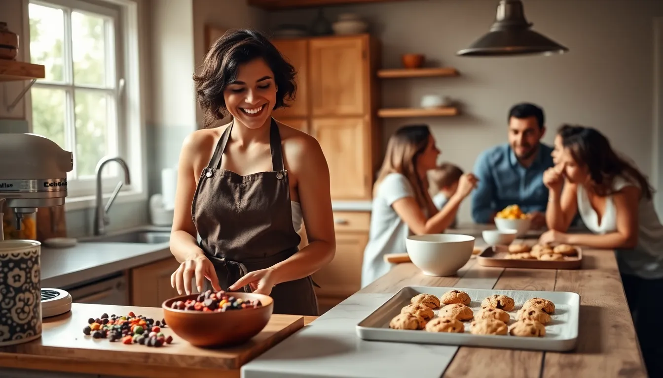 a baker creating cookies in a warm kitchen with family and friends.