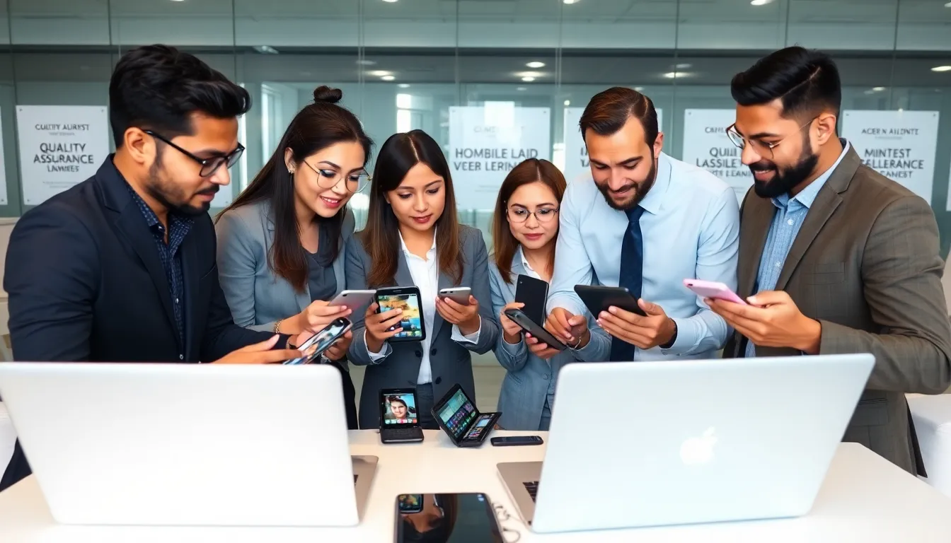 diverse team testing mobile apps in a modern office setting.