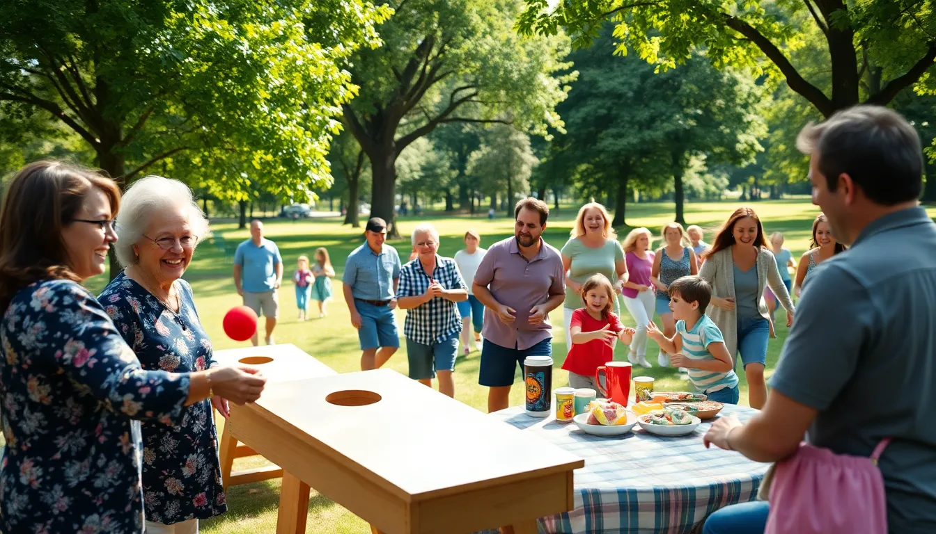 family playing games together at a reunion in a sunny park.