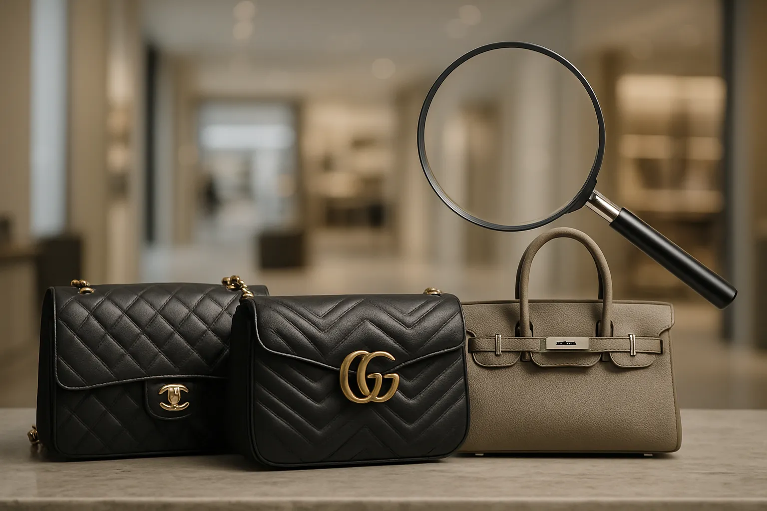 luxury-style handbags on a marble display in a modern retail space