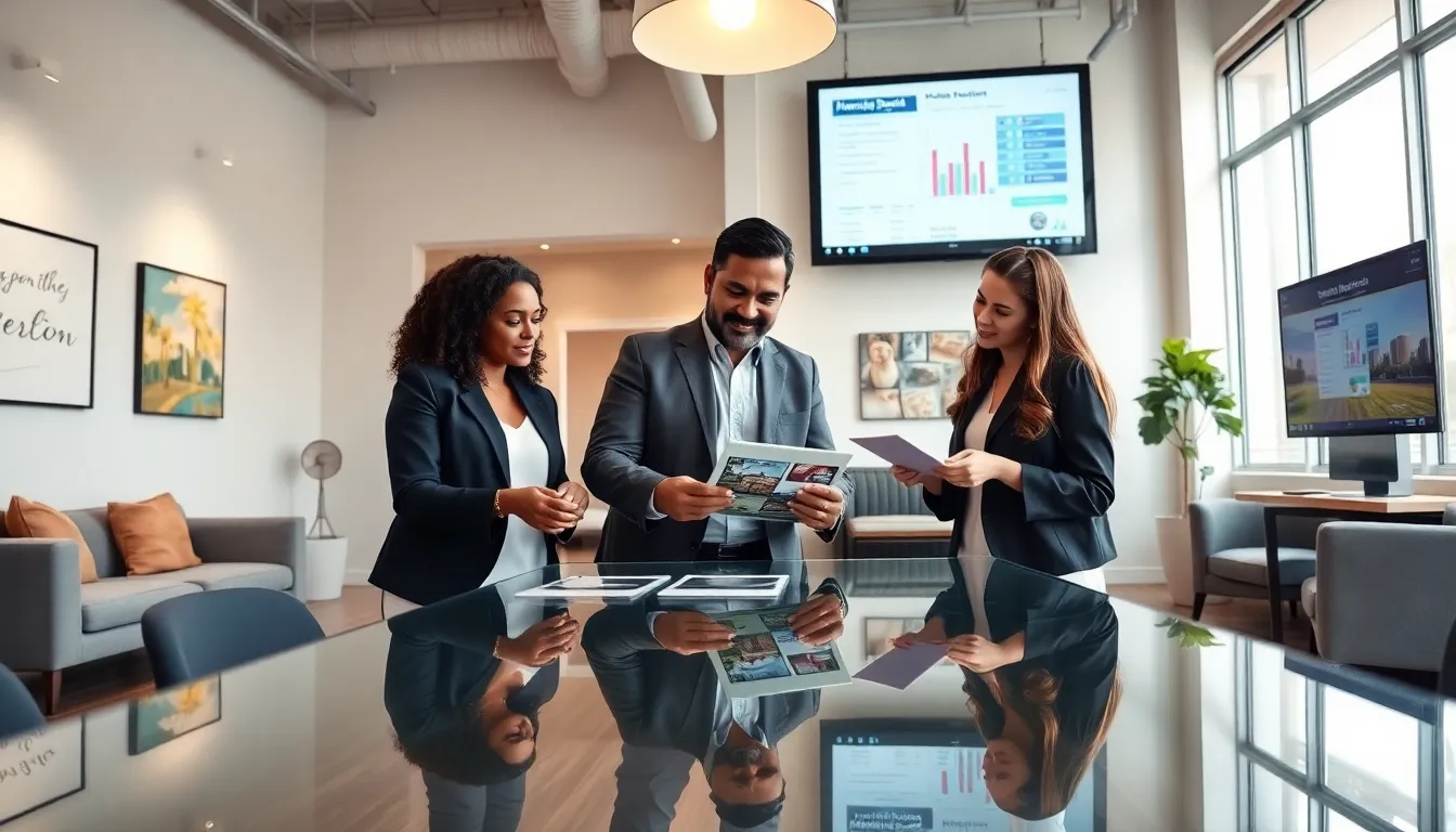 three real estate agents collaborating in a modern office setting.