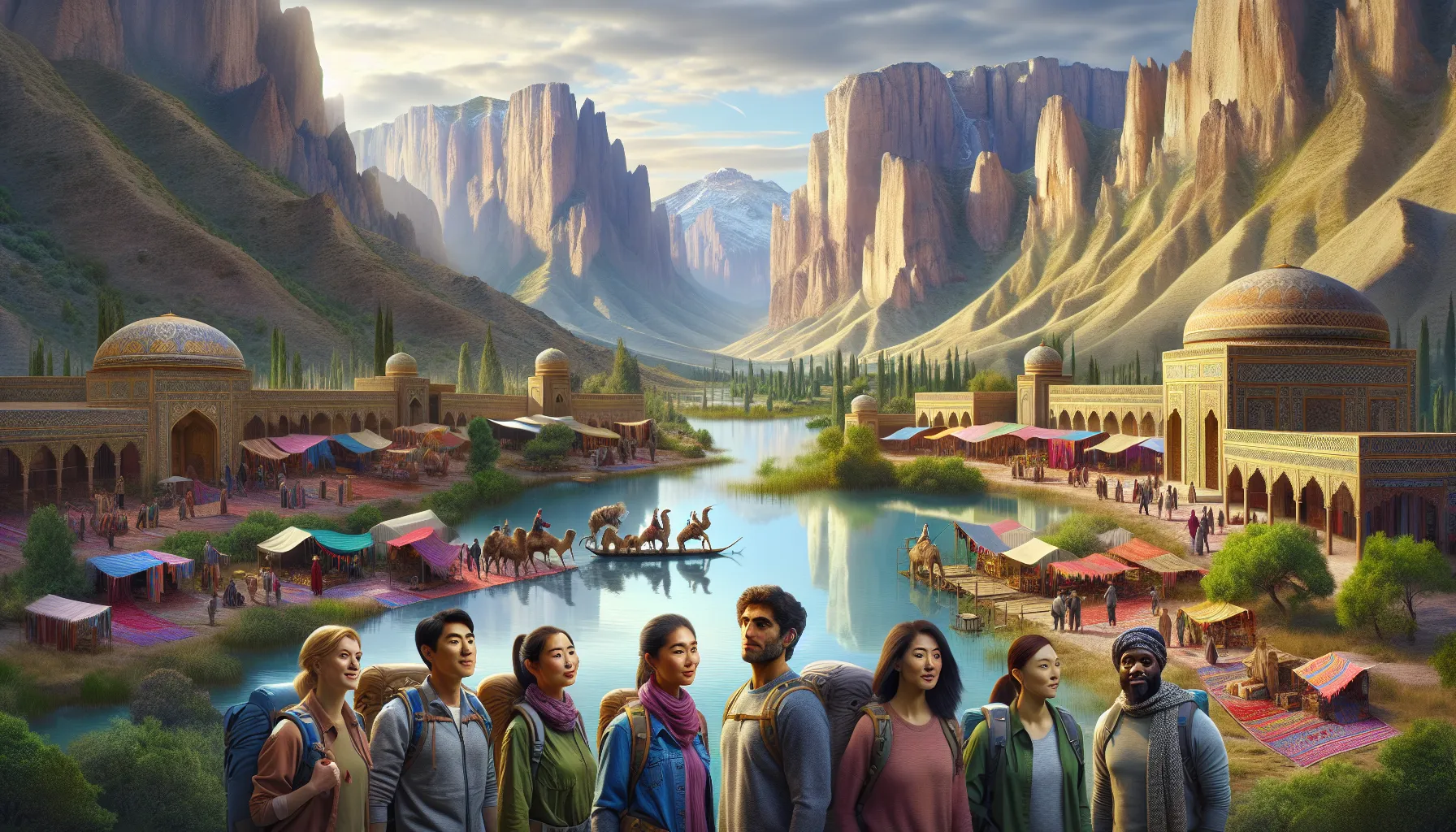 diverse hikers exploring Uzribitan's scenic landscape and local market.
