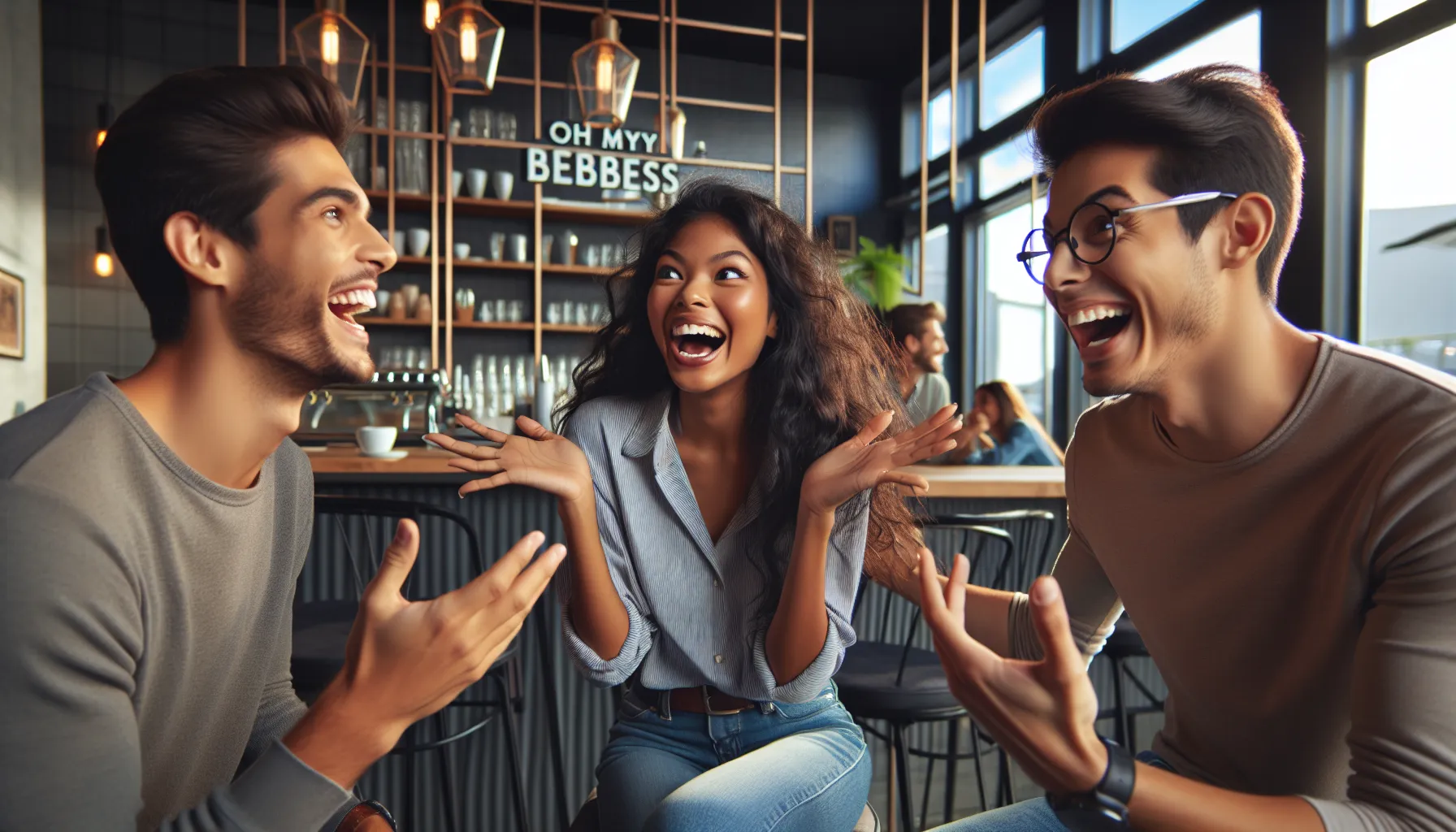diverse group laughing and chatting in a lively café setting.