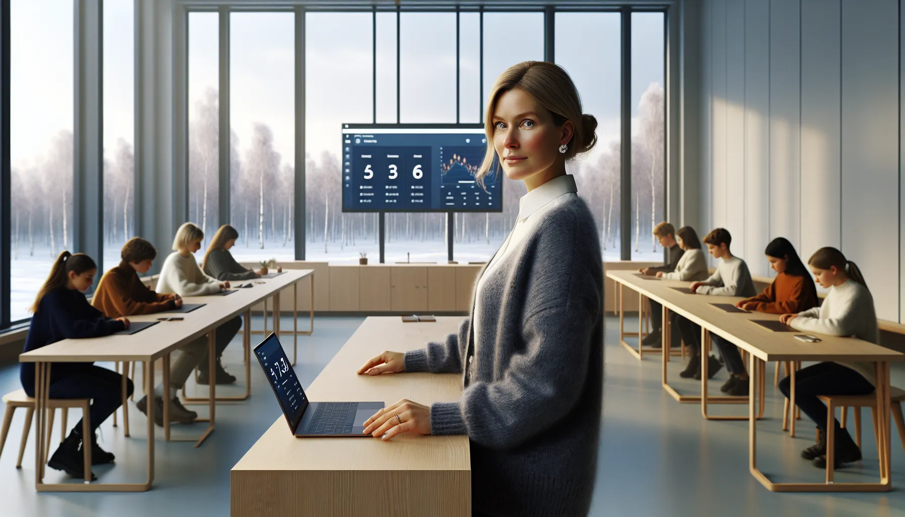 De mest innovative læringsplattformene i 2025 2 Norwegian teacher reviews real-time learning dashboard as students collaborate in class.