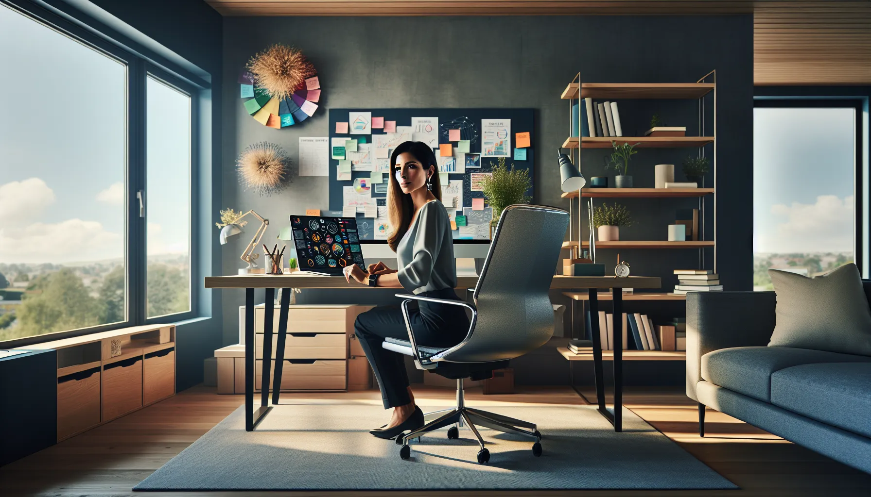 Diverse woman working in a modern home office, surrounded by creative materials.