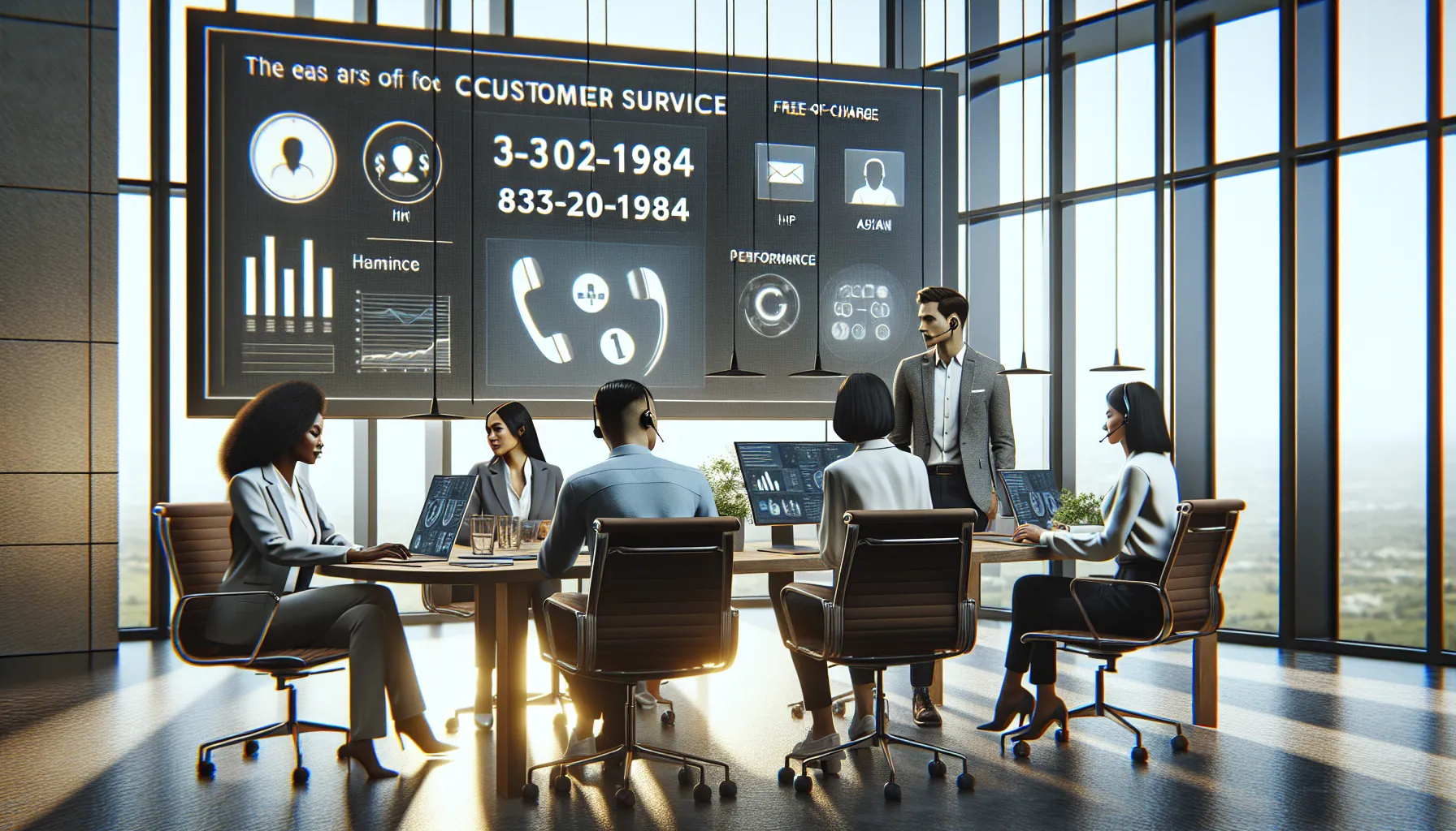 diverse team discussing customer service around a modern conference table.