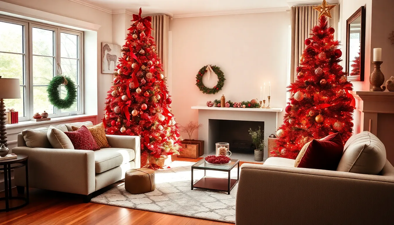 elegant red Christmas tree in a cozy living room.