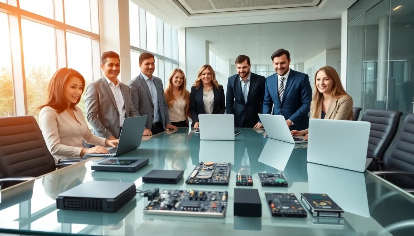 diverse team discussing hardware solutions in a modern office.