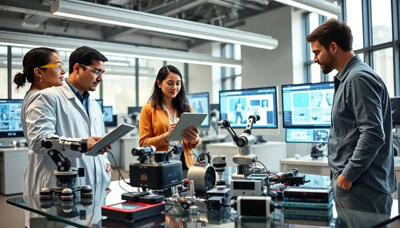 diverse professionals collaborating in a modern robotics workspace.