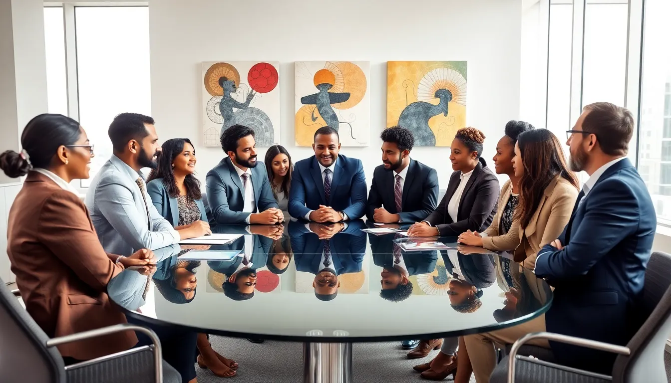 diverse team discussing cultural and philosophical concepts in a modern office.