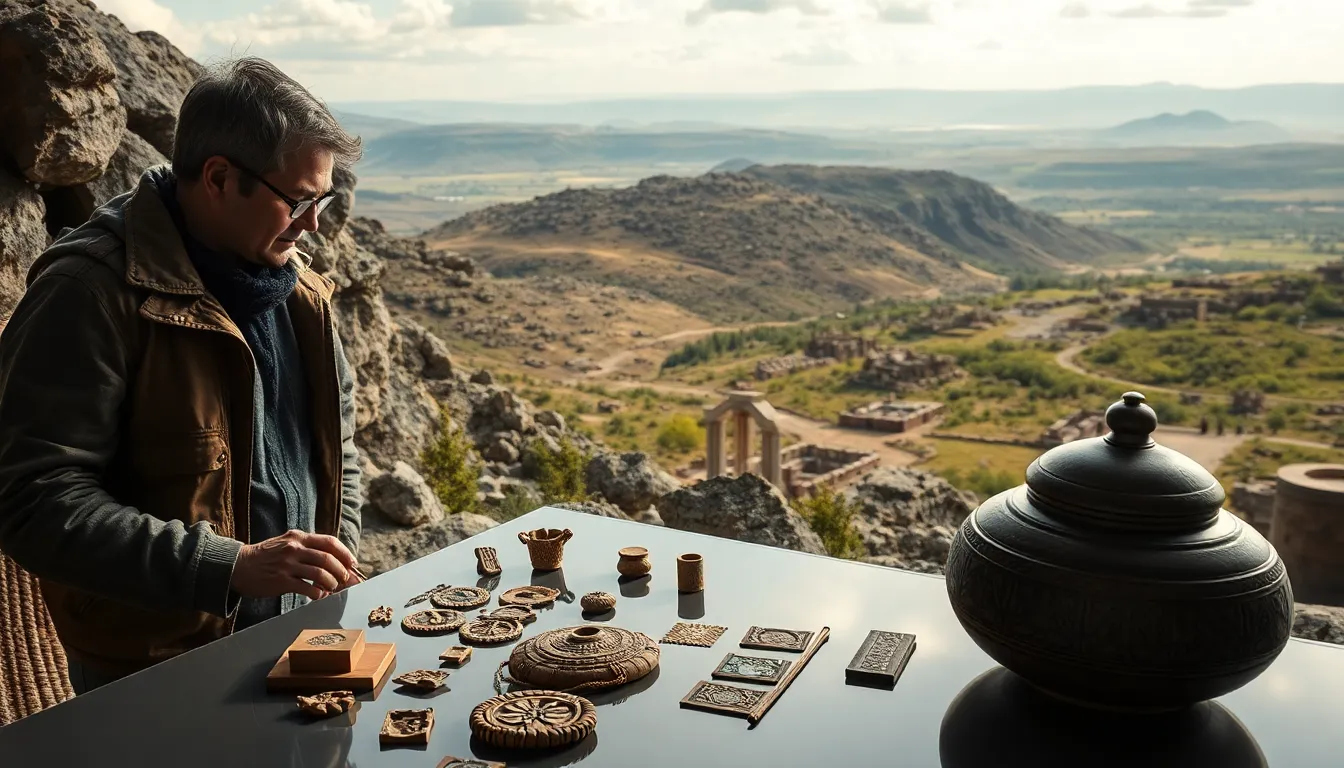 archaeologist examining artifacts against a historical landscape in Pohjoisentisu.