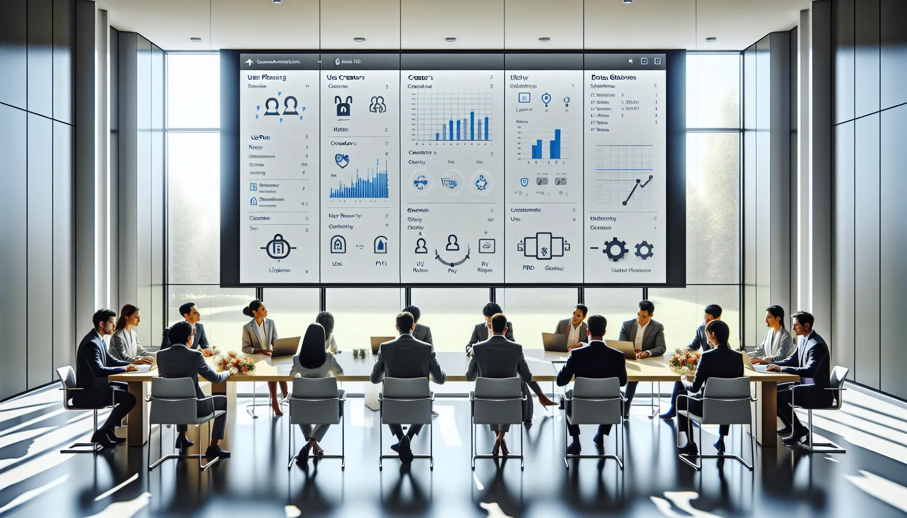 Analytics team configuring secure, subscription-ready Power BI reports in a modern office.