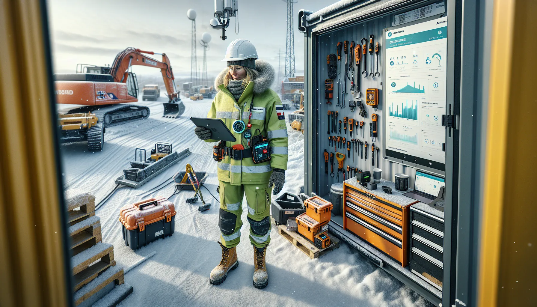 Slik bruker du iot-verktøy for smartere byggeprosjekter 3 Norwegian project manager reviews iot kpi dashboard on site amid connected equipment.