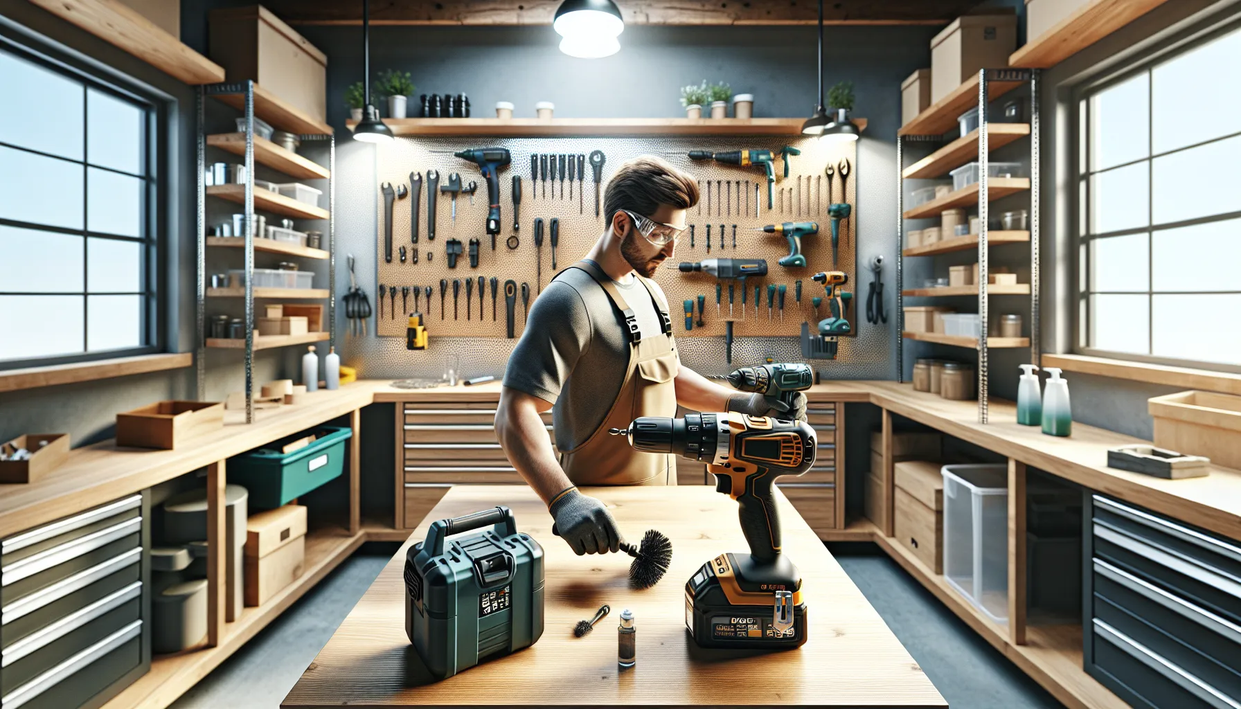 A technician maintaining power tools on a workshop bench.