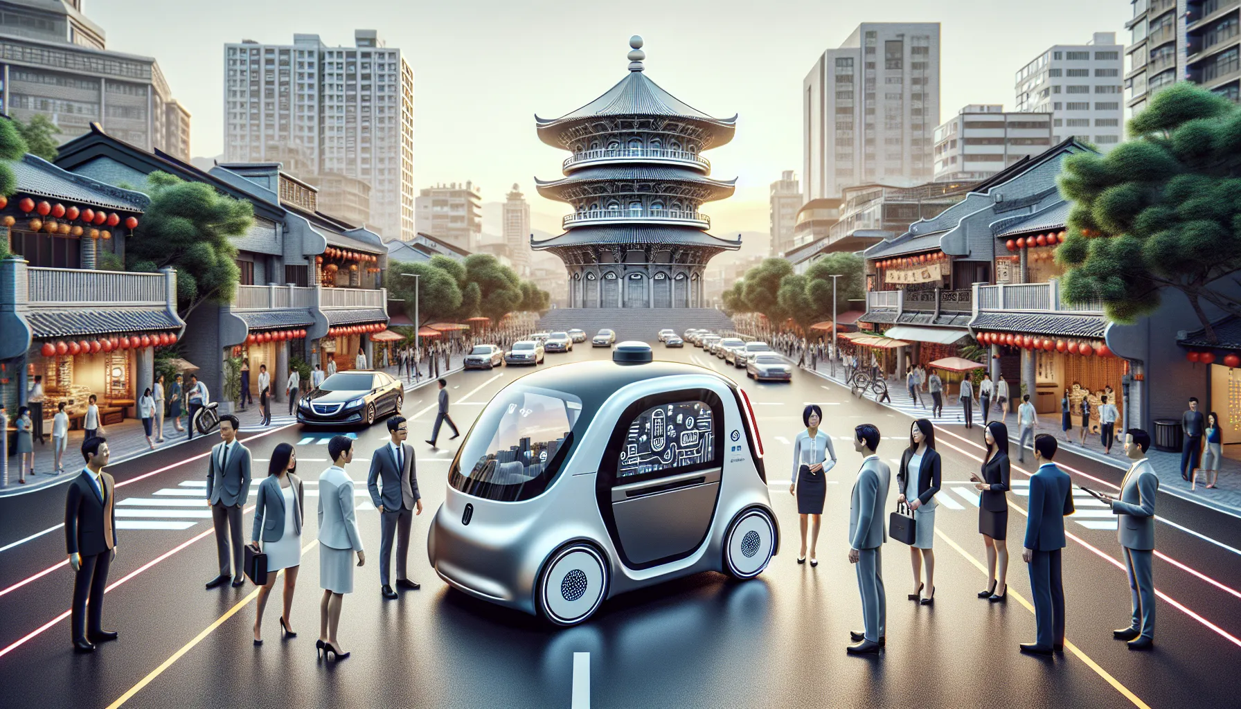 futuristic self-driving gharry in a vibrant urban setting.