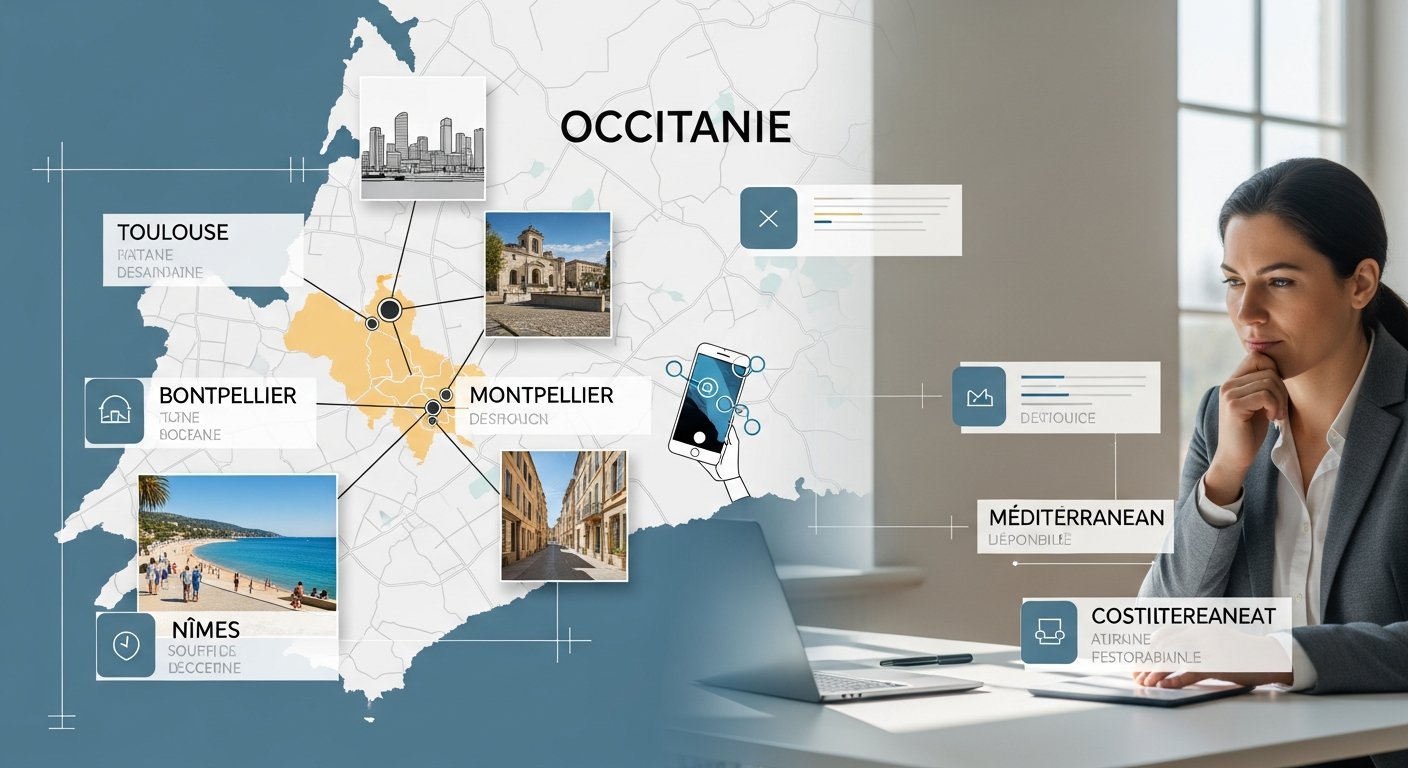 Map of Occitanie showing city differences with a professional reviewing listings.