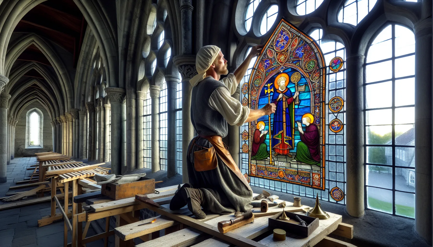 Norwegian glaziers install a glowing st. Olav stained glass in a cathedral.