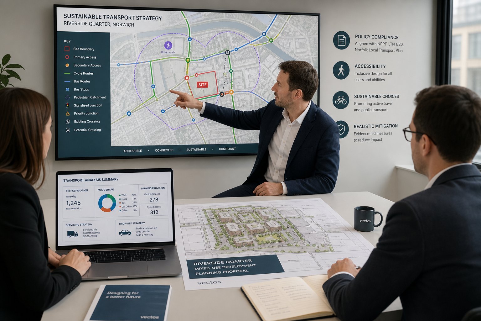 Transport consultants reviewing a development plan in a modern UK office.