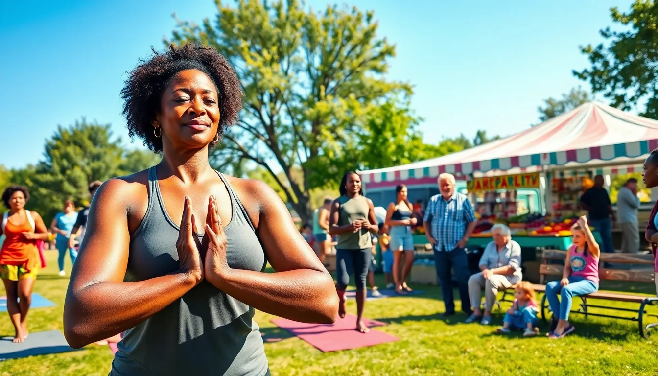 diverse community members practicing wellness in a sunny park.
